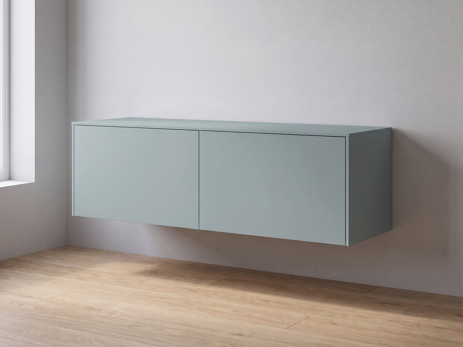 IKEA BESTÅ tv-meubel 120 × 42 × 38 cm met FrontLab-deuren, bovenblad en zijpanelen in Fjord Mist