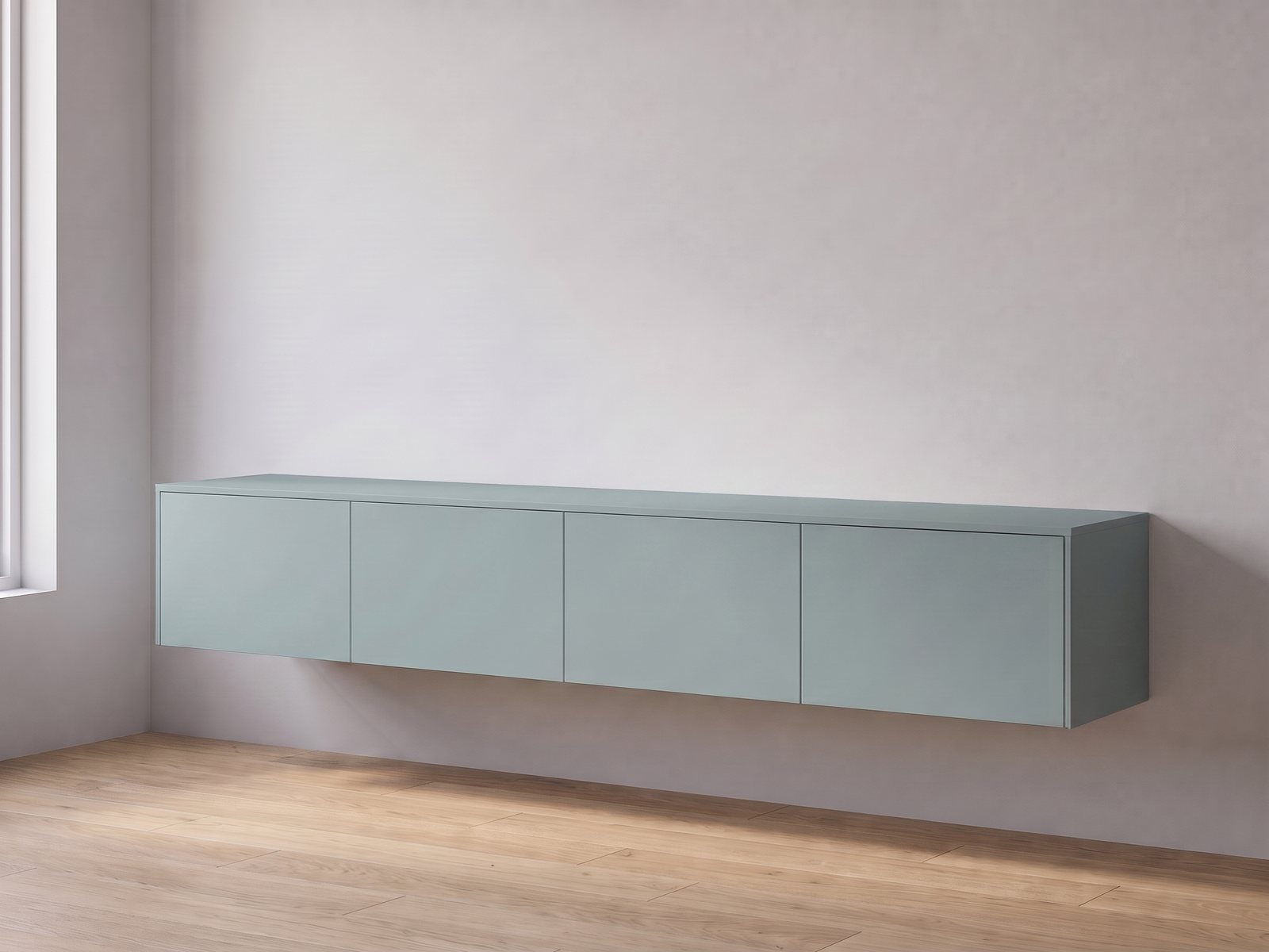 IKEA BESTÅ tv-meubel 240 × 42 × 38 cm met FrontLab-deuren, bovenblad en zijpanelen in Fjord Mist