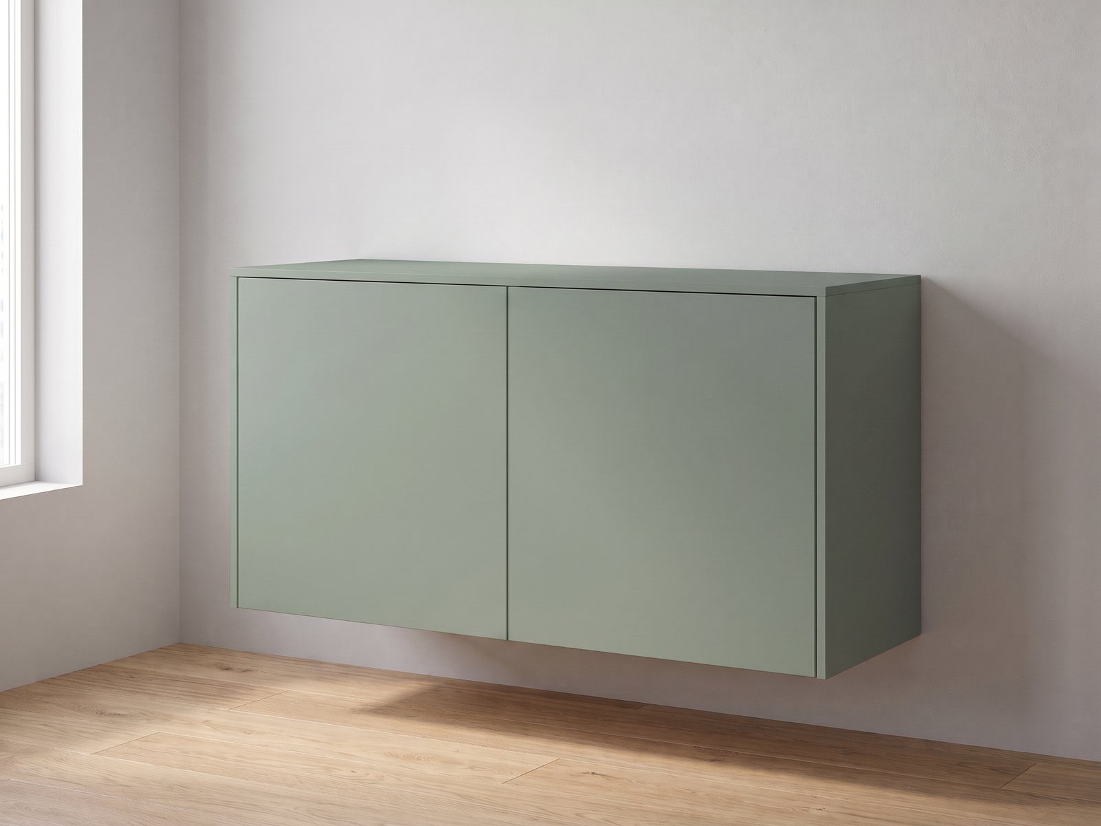 IKEA BESTÅ 120 × 42 × 64 cm met FrontLab-deuren, bovenblad en zijpanelen in Sage Leaf