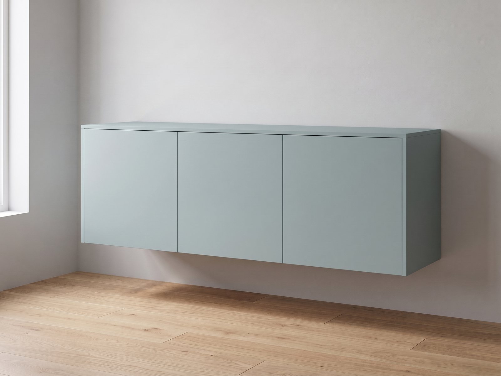 IKEA BESTÅ 180 × 42 × 64 cm met FrontLab-deuren, bovenblad en zijpanelen in Fjord Mist