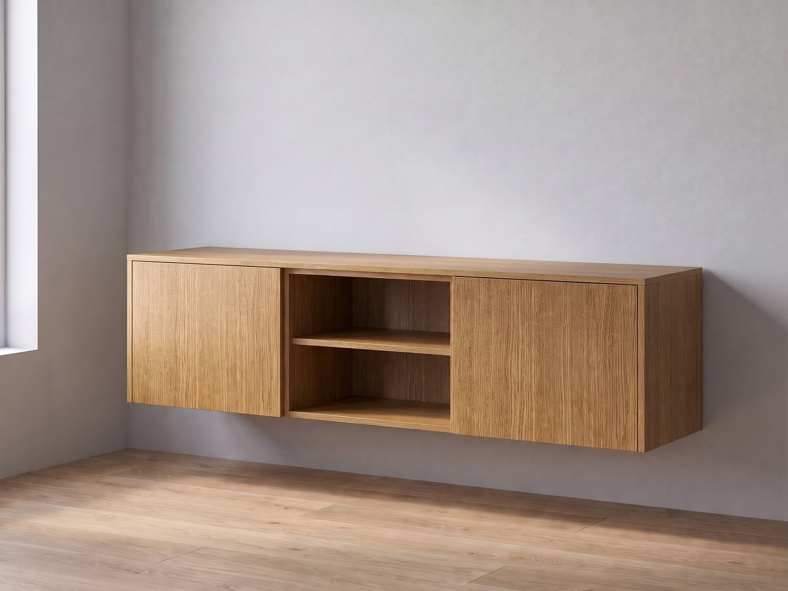 IKEA BESTÅ tv-meubel van twee elementen van 60 cm breed en 38 cm hoog met FrontLab-deuren, nis, bovenblad en zijpanelen in Bourbon Oak
