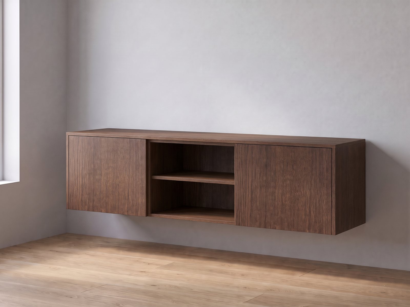 IKEA BESTÅ tv-meubel van twee elementen van 60 cm breed en 38 cm hoog met FrontLab-deuren, nis, bovenblad en zijpanelen in Cocoa Oak