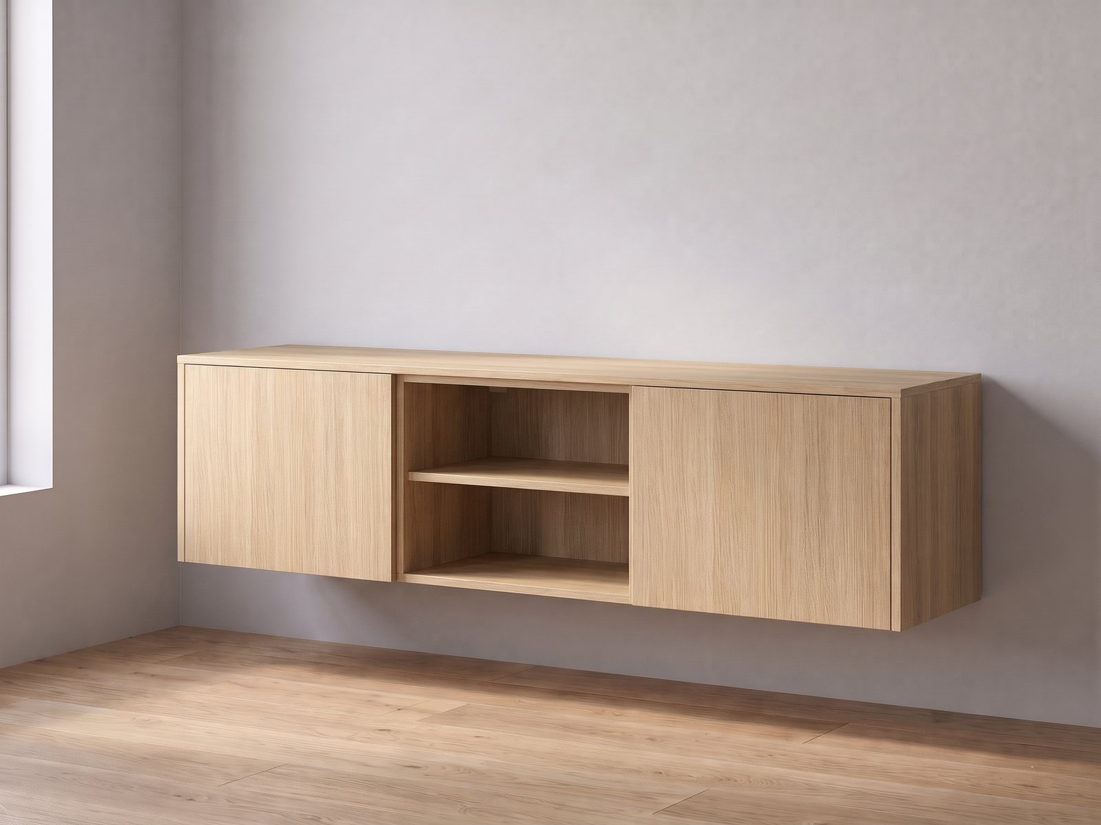 IKEA BESTÅ tv-meubel van twee elementen van 60 cm breed en 38 cm hoog met FrontLab-deuren, nis, bovenblad en zijpanelen in Driftwood Oak