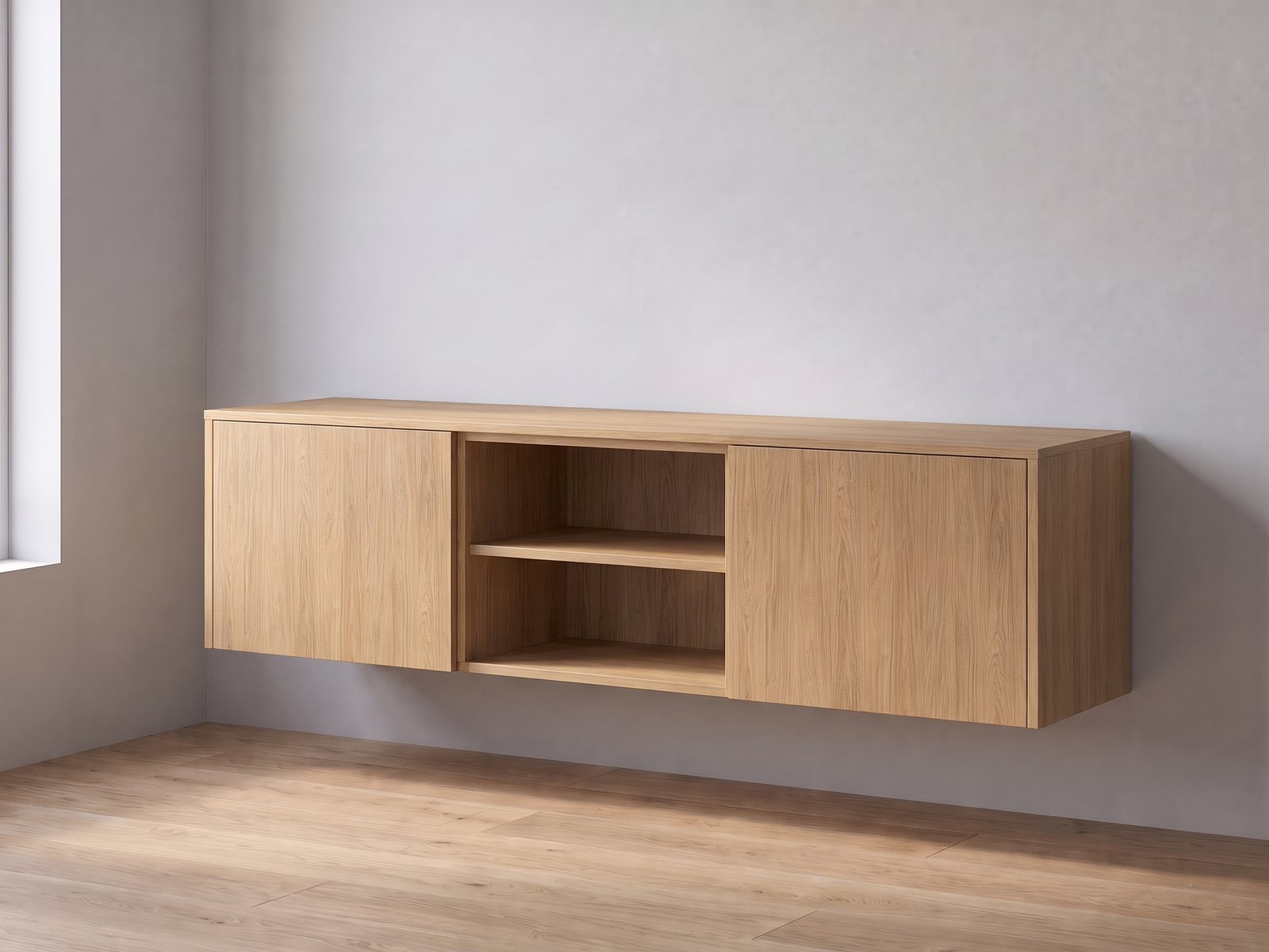 IKEA BESTÅ tv-meubel van twee elementen van 60 cm breed en 38 cm hoog met FrontLab-deuren, nis, bovenblad en zijpanelen in Linen Oak
