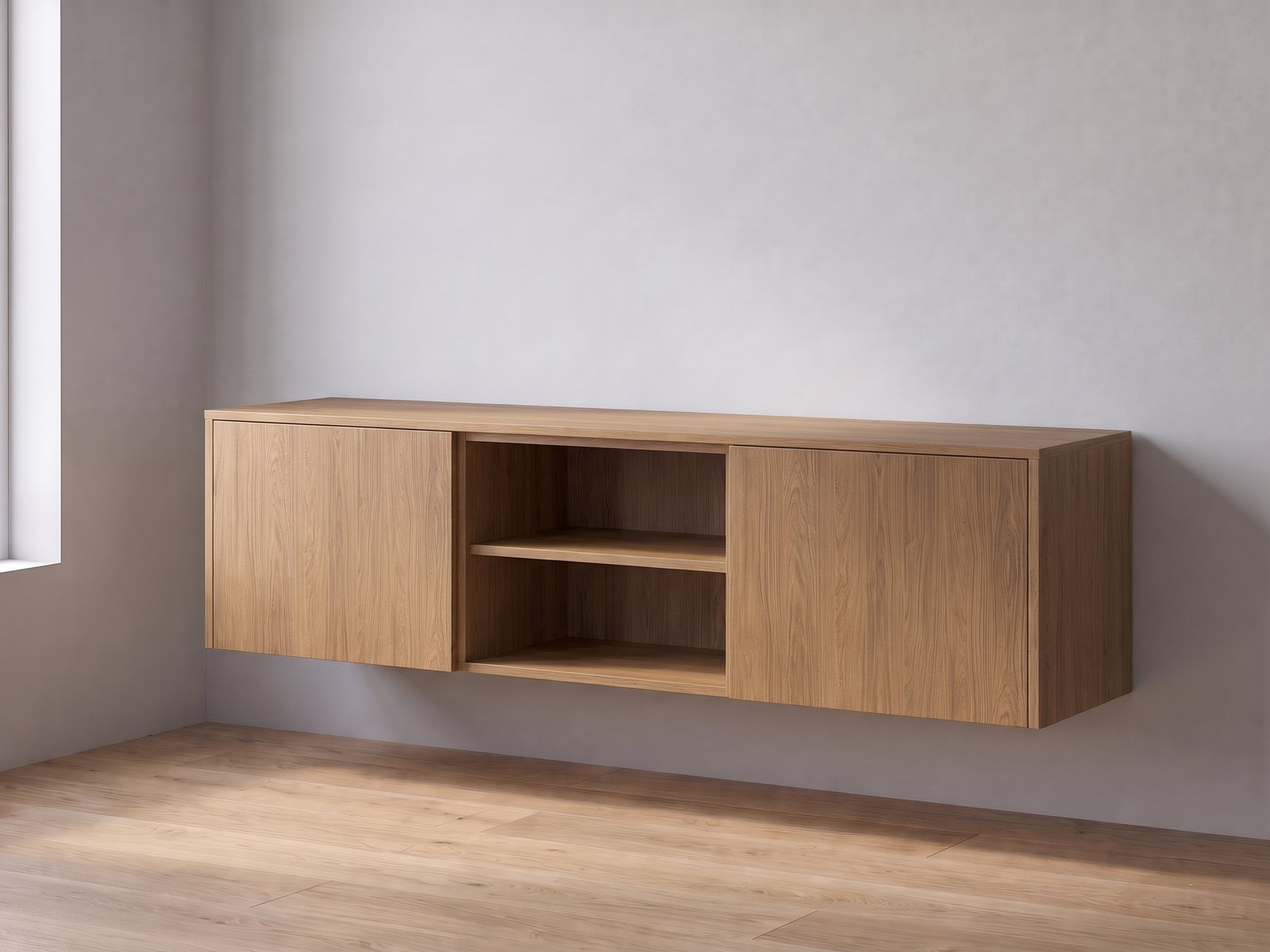 IKEA BESTÅ tv-meubel van twee elementen van 60 cm breed en 38 cm hoog met FrontLab-deuren, nis, bovenblad en zijpanelen in Hazel Oak