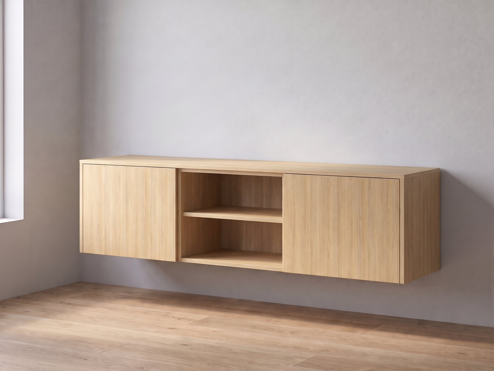 IKEA BESTÅ tv-meubel van twee elementen van 60 cm breed en 38 cm hoog met FrontLab-deuren, nis, bovenblad en zijpanelen in Dune Oak