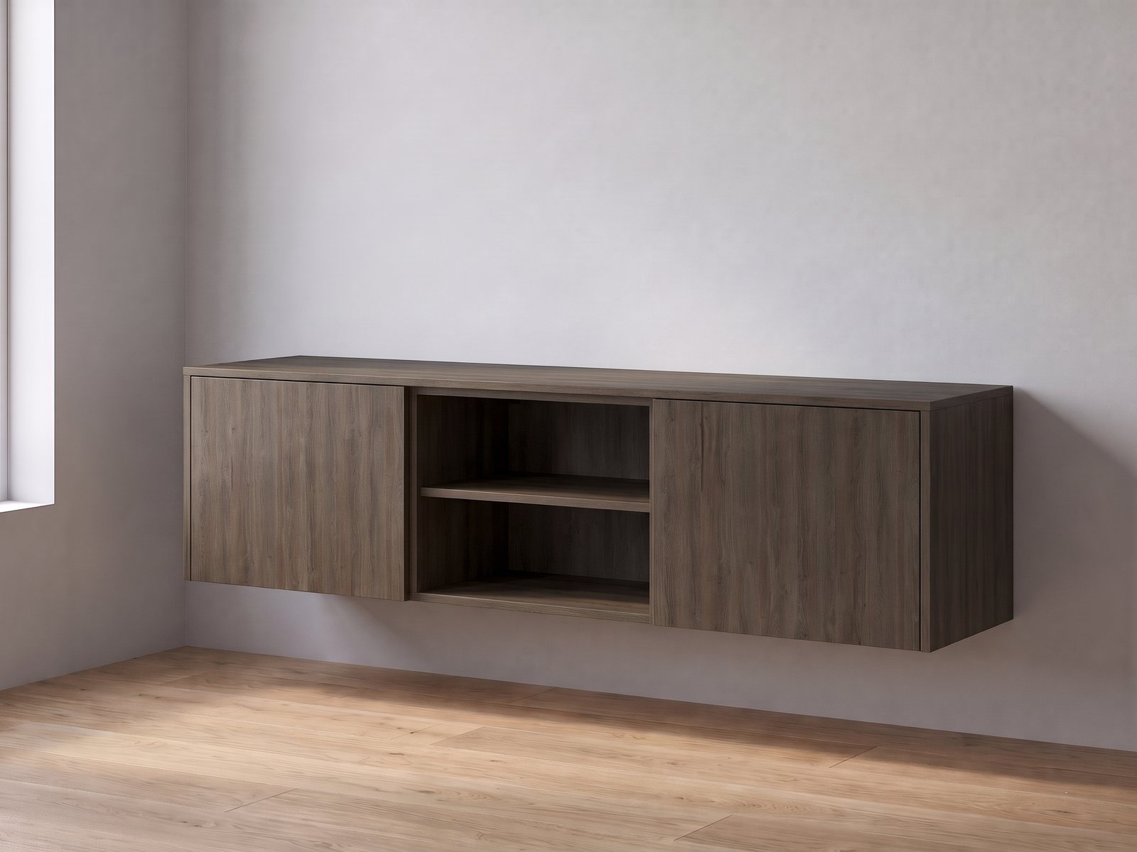 IKEA BESTÅ tv-meubel van twee elementen van 60 cm breed en 38 cm hoog met FrontLab-deuren, nis, bovenblad en zijpanelen in Smoked Oak