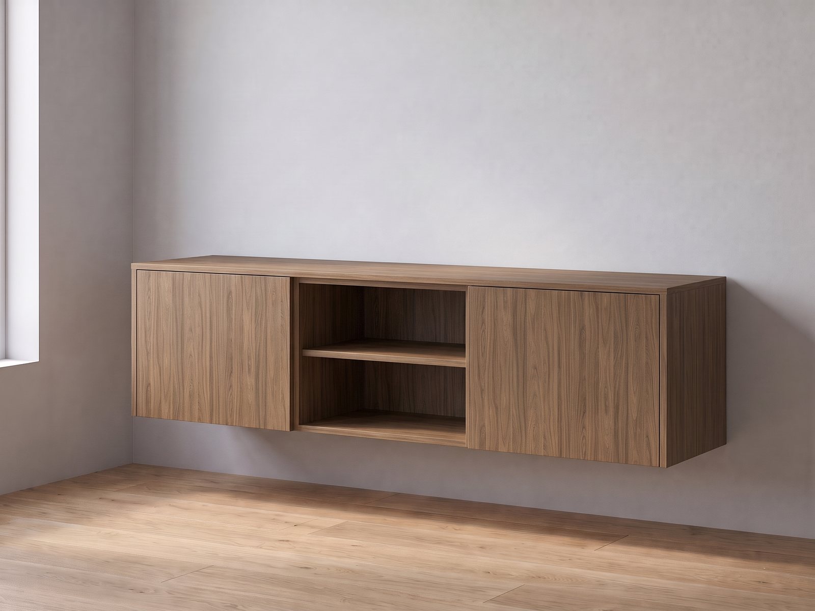 IKEA BESTÅ tv-meubel van twee elementen van 60 cm breed en 38 cm hoog met FrontLab-deuren, nis, bovenblad en zijpanelen in Cognac Walnut