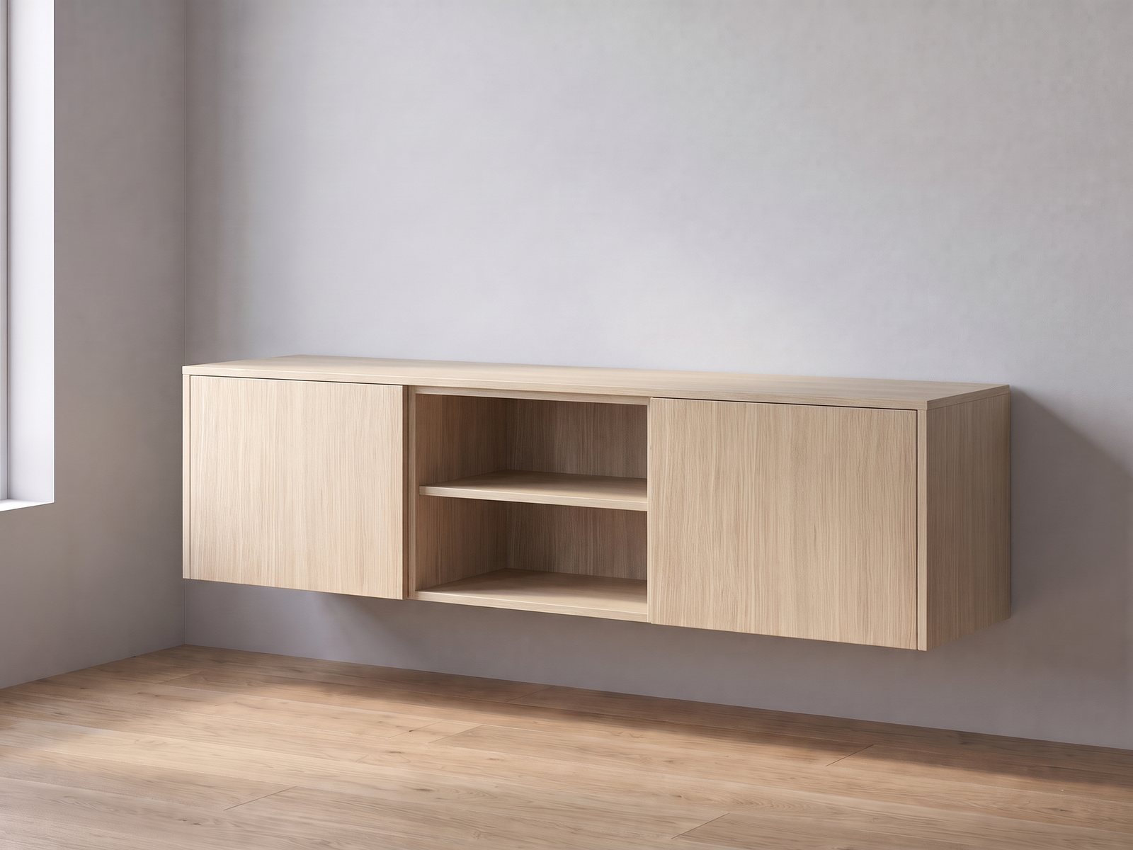 IKEA BESTÅ tv-meubel van twee elementen van 60 cm breed en 38 cm hoog met FrontLab-deuren, nis, bovenblad en zijpanelen in Porcelain Oak