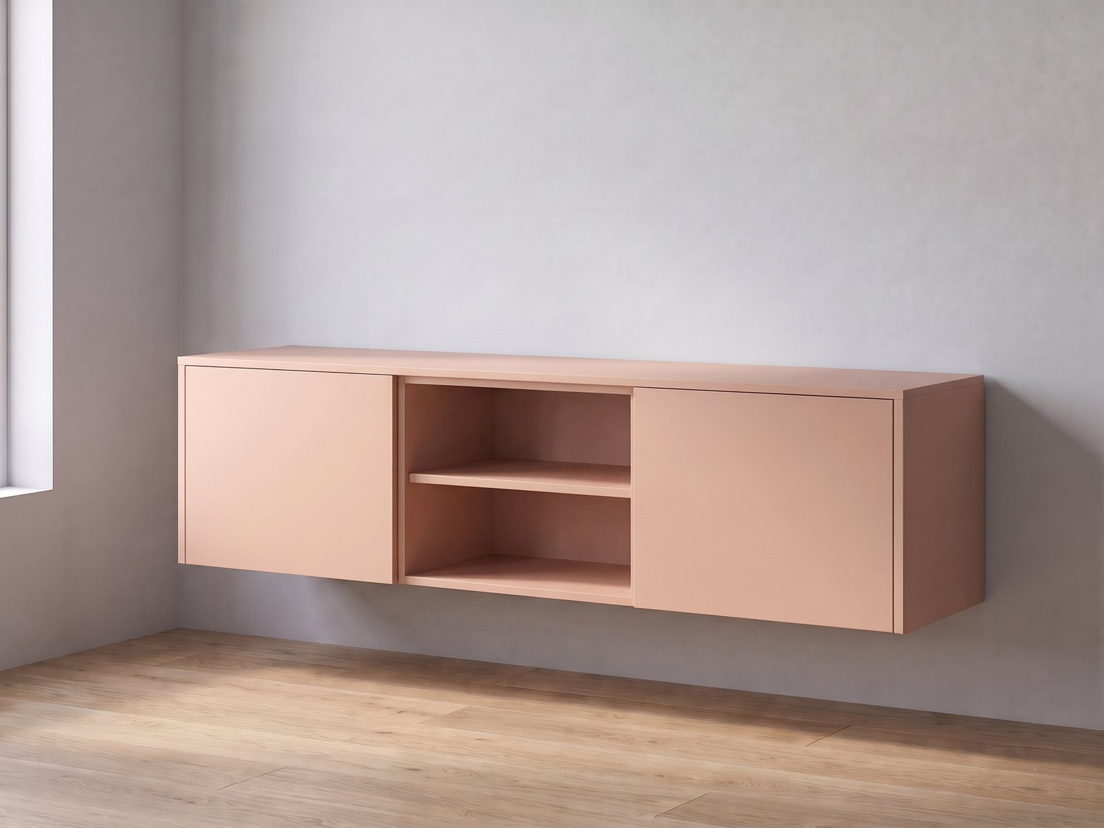 IKEA BESTÅ tv-meubel van twee elementen van 60 cm breed en 38 cm hoog met FrontLab-deuren, nis, bovenblad en zijpanelen in Peach Blush