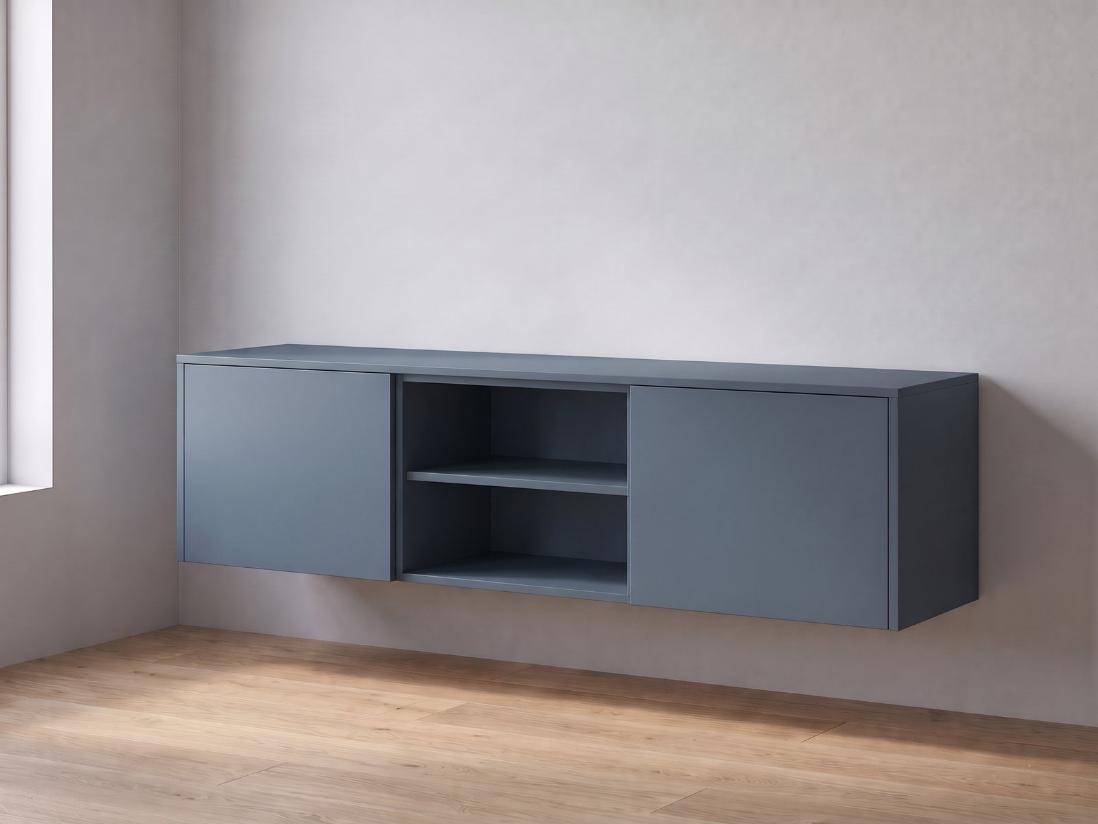IKEA BESTÅ tv-meubel van twee elementen van 60 cm breed en 38 cm hoog met FrontLab-deuren, nis, bovenblad en zijpanelen in Glacier Blue