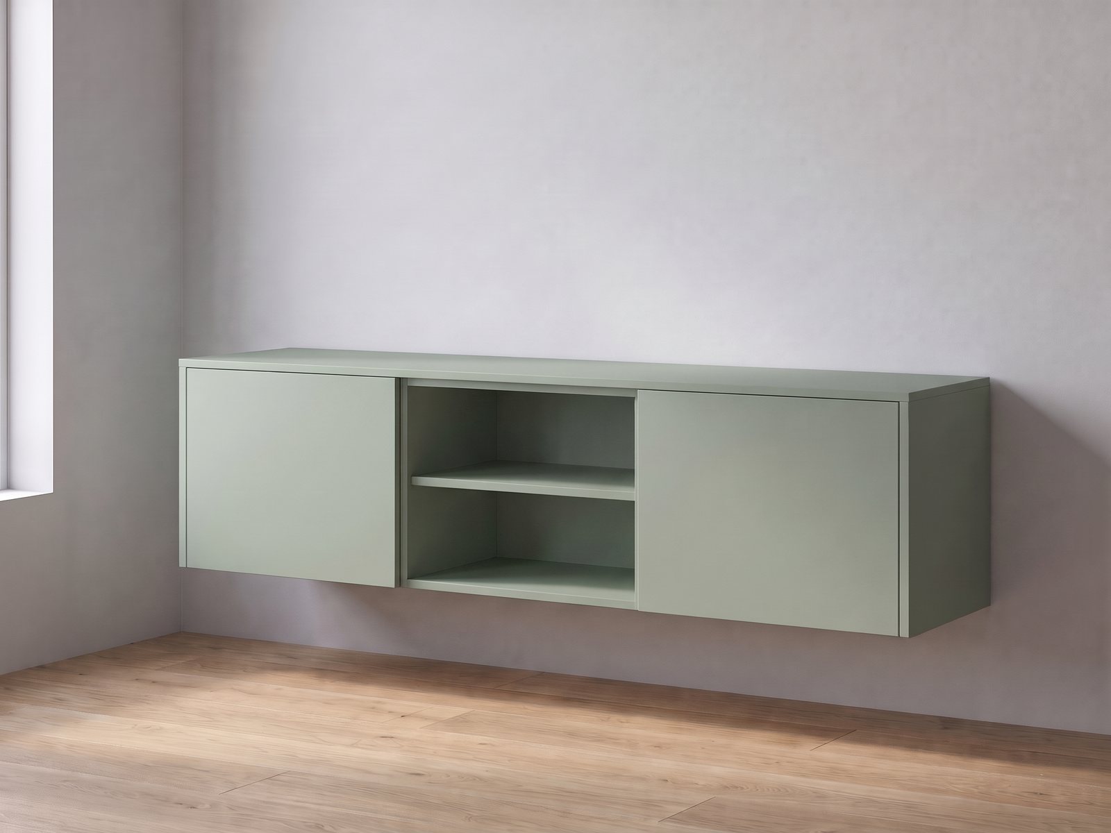 IKEA BESTÅ tv-meubel van twee elementen van 60 cm breed en 38 cm hoog met FrontLab-deuren, nis, bovenblad en zijpanelen in Sage Leaf