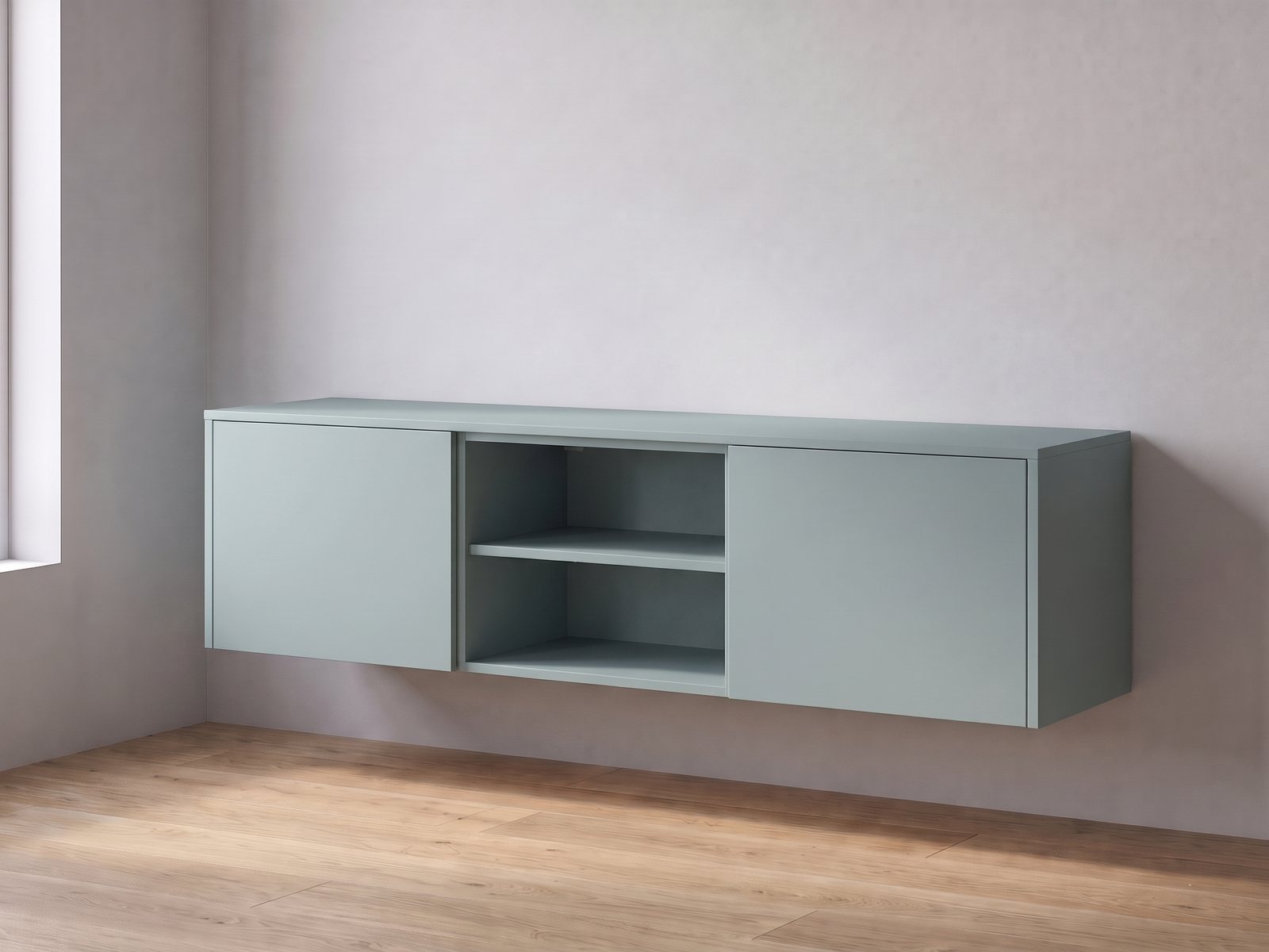 IKEA BESTÅ tv-meubel van twee elementen van 60 cm breed en 38 cm hoog met FrontLab-deuren, nis, bovenblad en zijpanelen in Fjord Mist