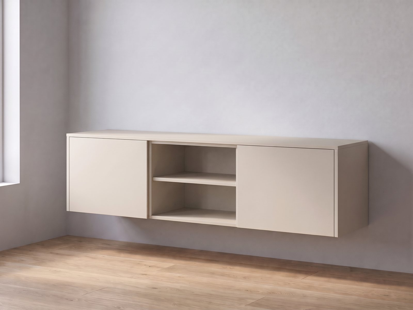 IKEA BESTÅ tv-meubel van twee elementen van 60 cm breed en 38 cm hoog met FrontLab-deuren, nis, bovenblad en zijpanelen in Cashmere Stone