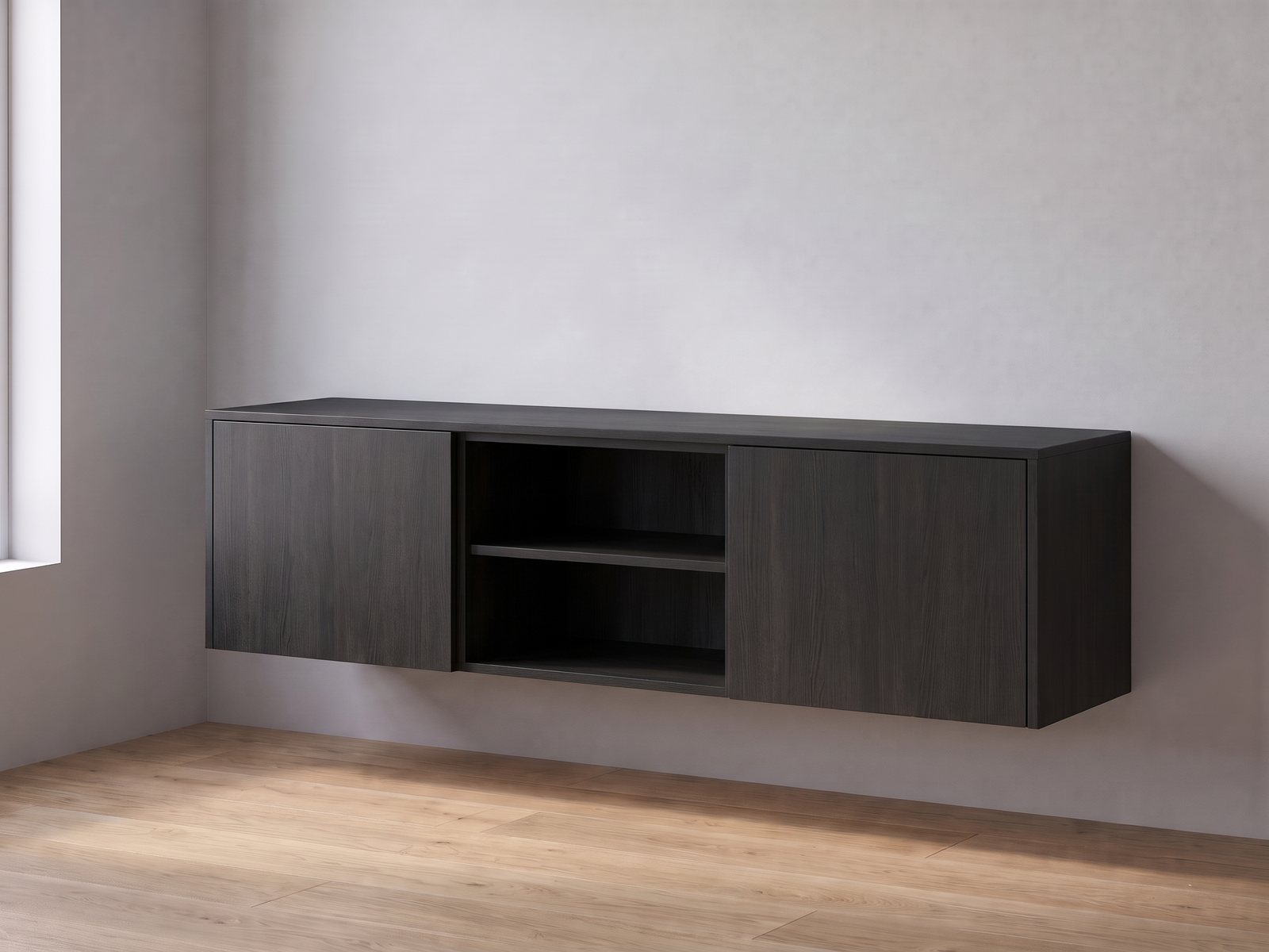 IKEA BESTÅ tv-meubel van twee elementen van 60 cm breed en 38 cm hoog met FrontLab-deuren, nis, bovenblad en zijpanelen in Midnight Oak