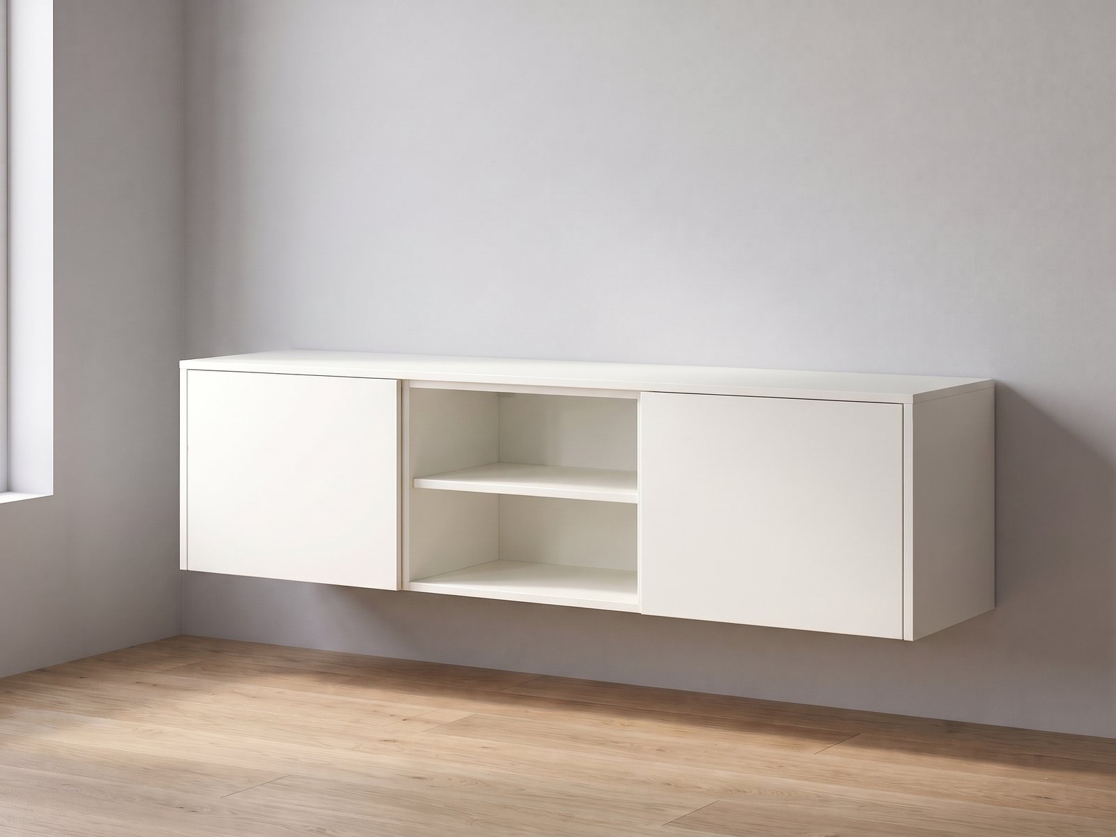 IKEA BESTÅ tv-meubel van twee elementen van 60 cm breed en 38 cm hoog met FrontLab-deuren, nis, bovenblad en zijpanelen in Chalk White