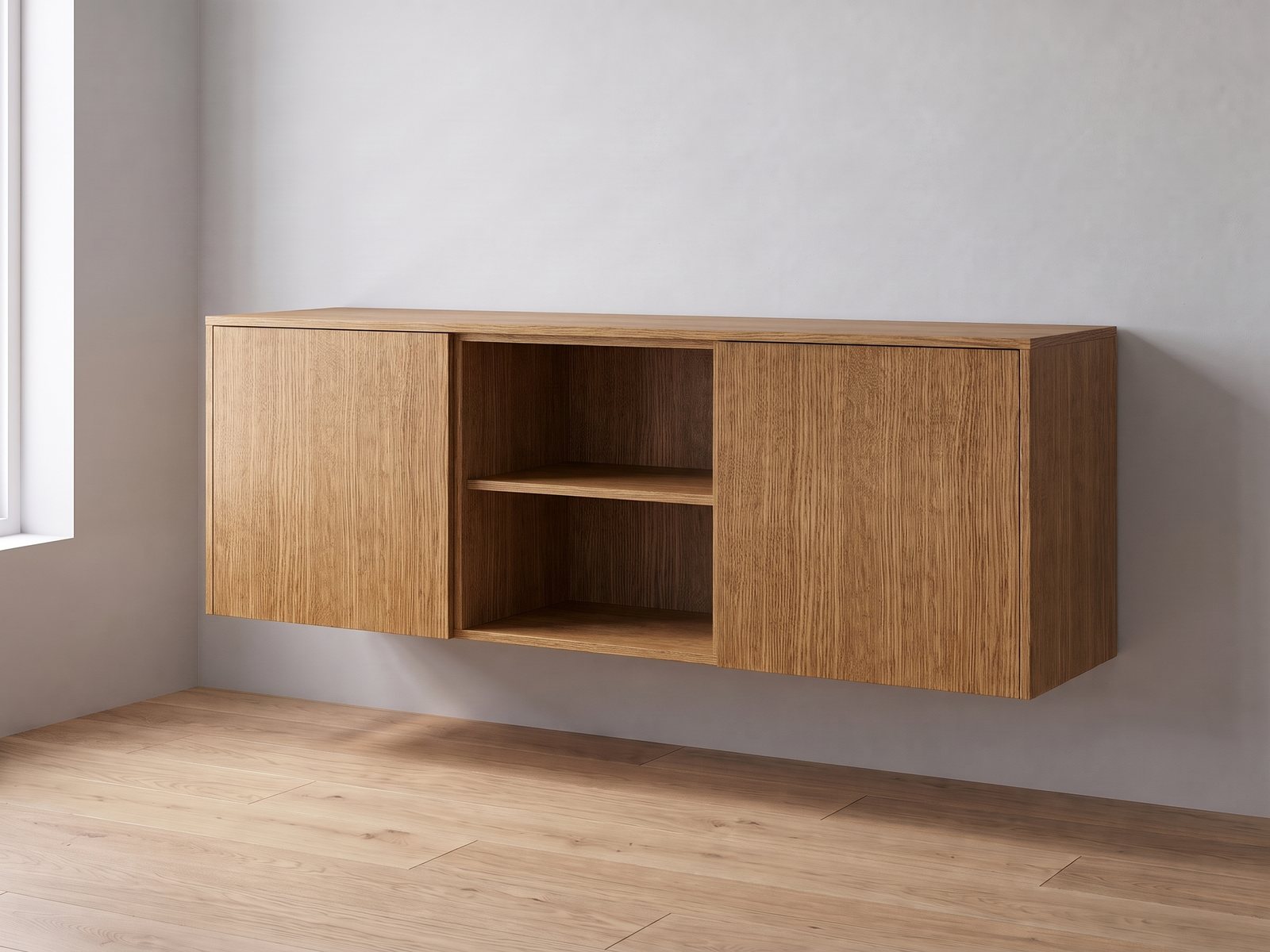 IKEA BESTÅ van twee elementen van 60 cm breed en 64 cm hoog met FrontLab-deuren, nis, bovenblad en zijpanelen in Bourbon Oak