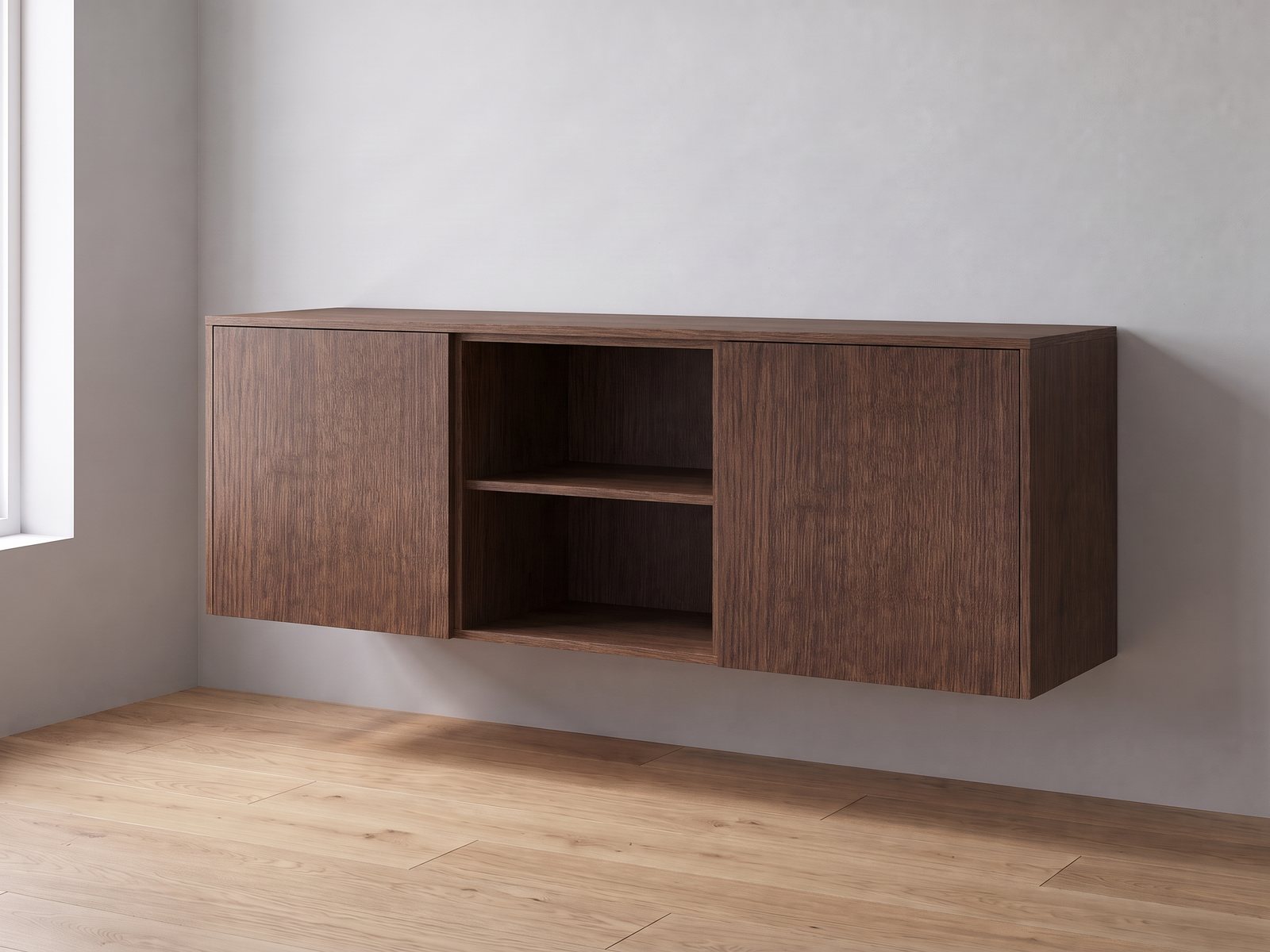 IKEA BESTÅ van twee elementen van 60 cm breed en 64 cm hoog met FrontLab-deuren, nis, bovenblad en zijpanelen in Cocoa Oak