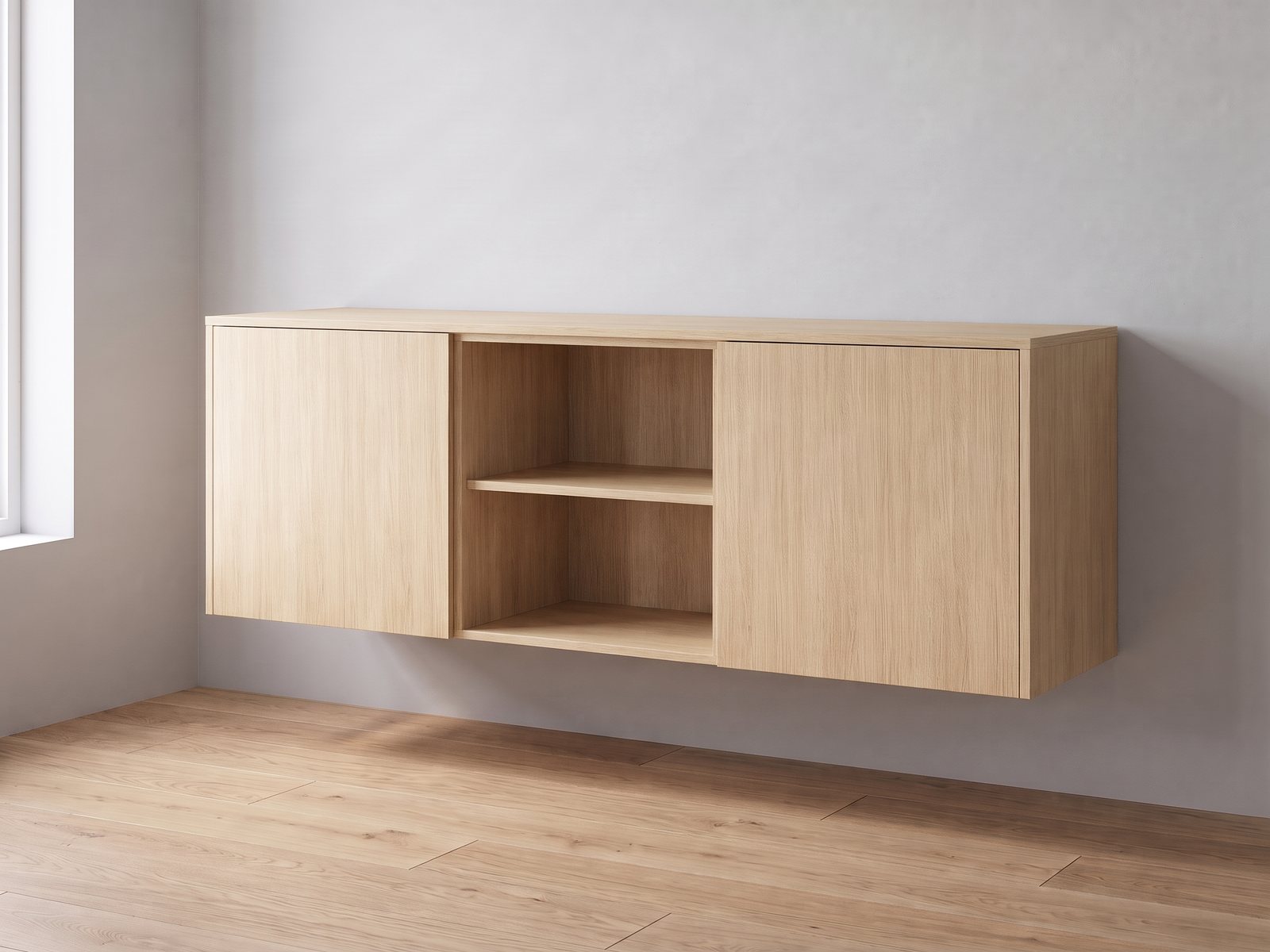 IKEA BESTÅ van twee elementen van 60 cm breed en 64 cm hoog met FrontLab-deuren, nis, bovenblad en zijpanelen in Driftwood Oak