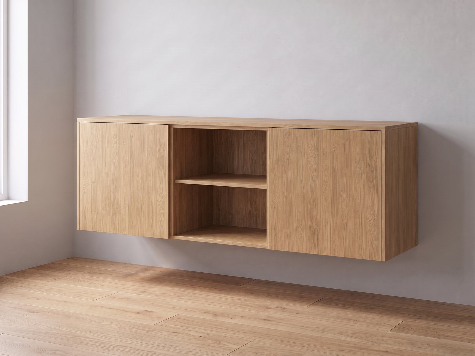 IKEA BESTÅ van twee elementen van 60 cm breed en 64 cm hoog met FrontLab-deuren, nis, bovenblad en zijpanelen in Linen Oak