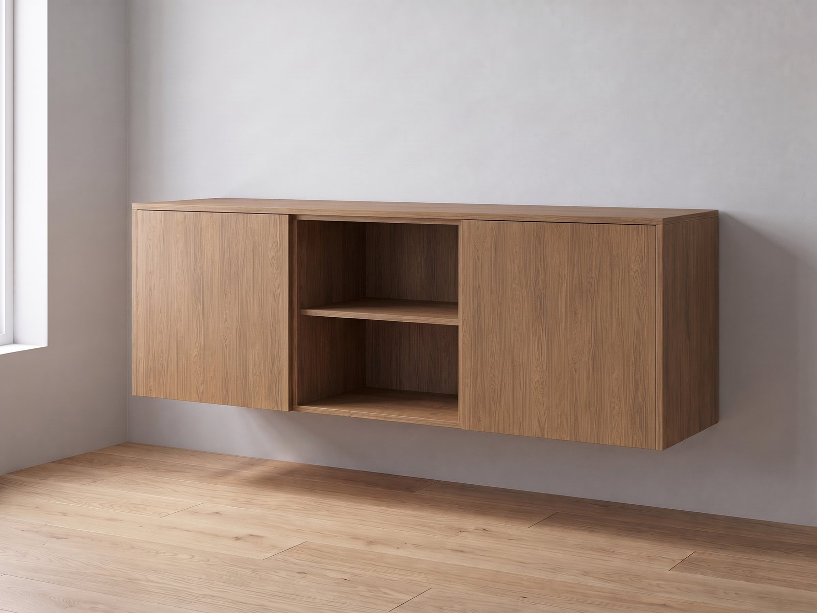 IKEA BESTÅ van twee elementen van 60 cm breed en 64 cm hoog met FrontLab-deuren, nis, bovenblad en zijpanelen in Hazel Oak