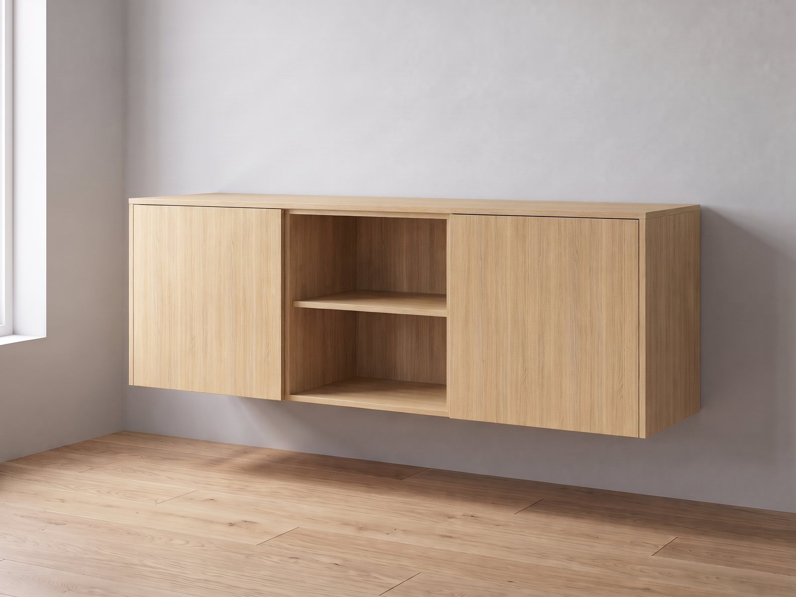 IKEA BESTÅ van twee elementen van 60 cm breed en 64 cm hoog met FrontLab-deuren, nis, bovenblad en zijpanelen in Dune Oak