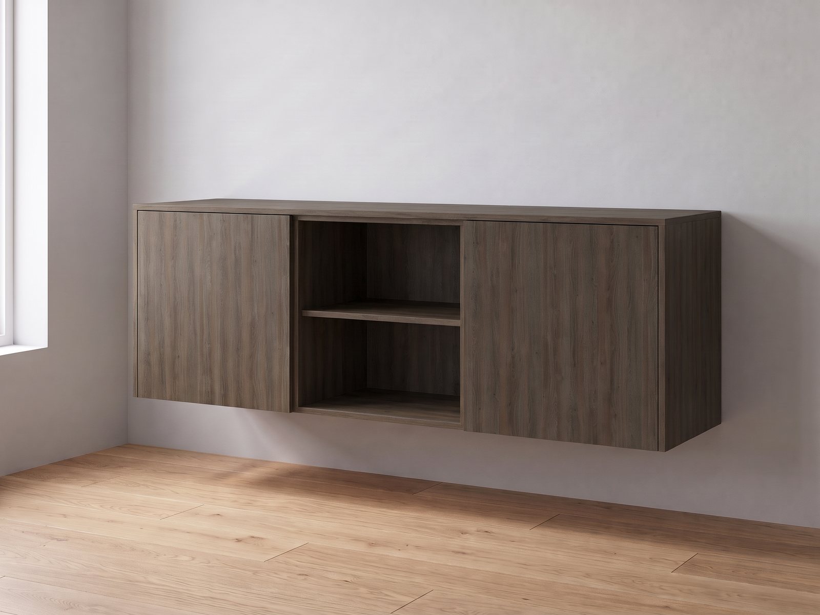 IKEA BESTÅ van twee elementen van 60 cm breed en 64 cm hoog met FrontLab-deuren, nis, bovenblad en zijpanelen in Smoked Oak