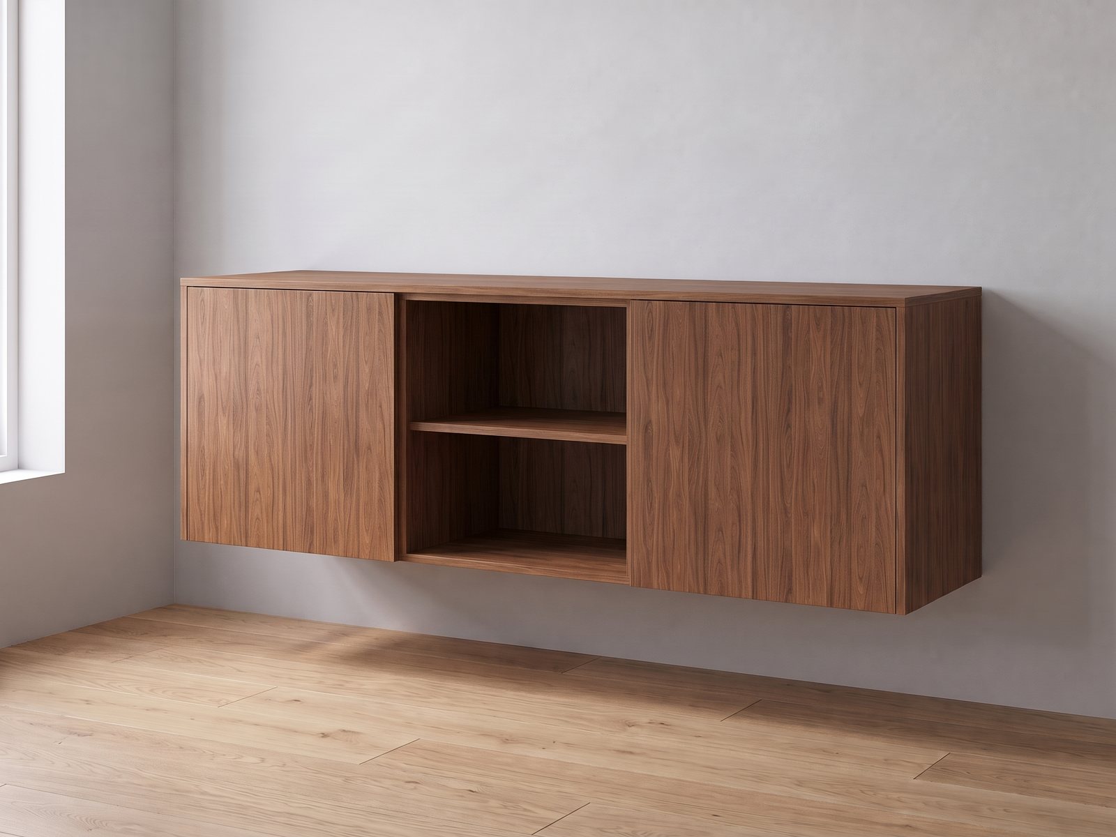 IKEA BESTÅ van twee elementen van 60 cm breed en 64 cm hoog met FrontLab-deuren, nis, bovenblad en zijpanelen in Cognac Walnut