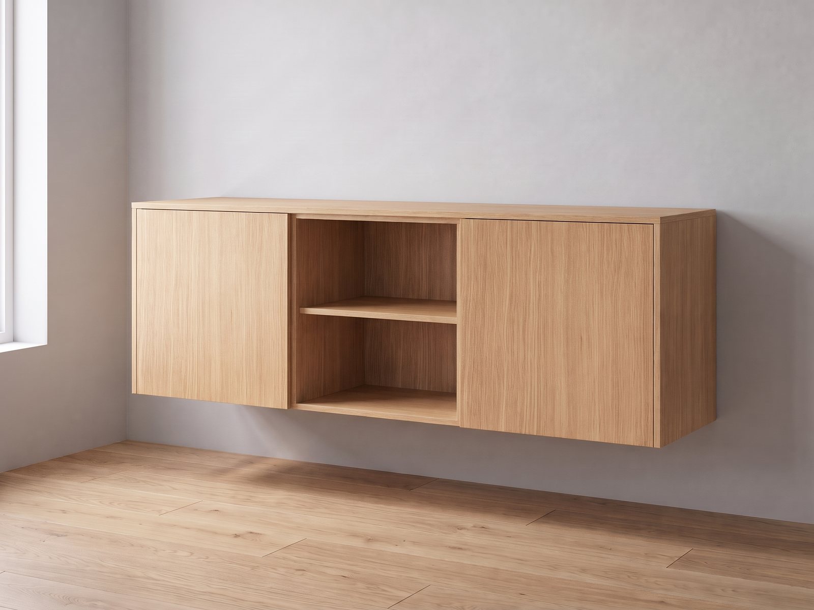 IKEA BESTÅ van twee elementen van 60 cm breed en 64 cm hoog met FrontLab-deuren, nis, bovenblad en zijpanelen in Porcelain Oak