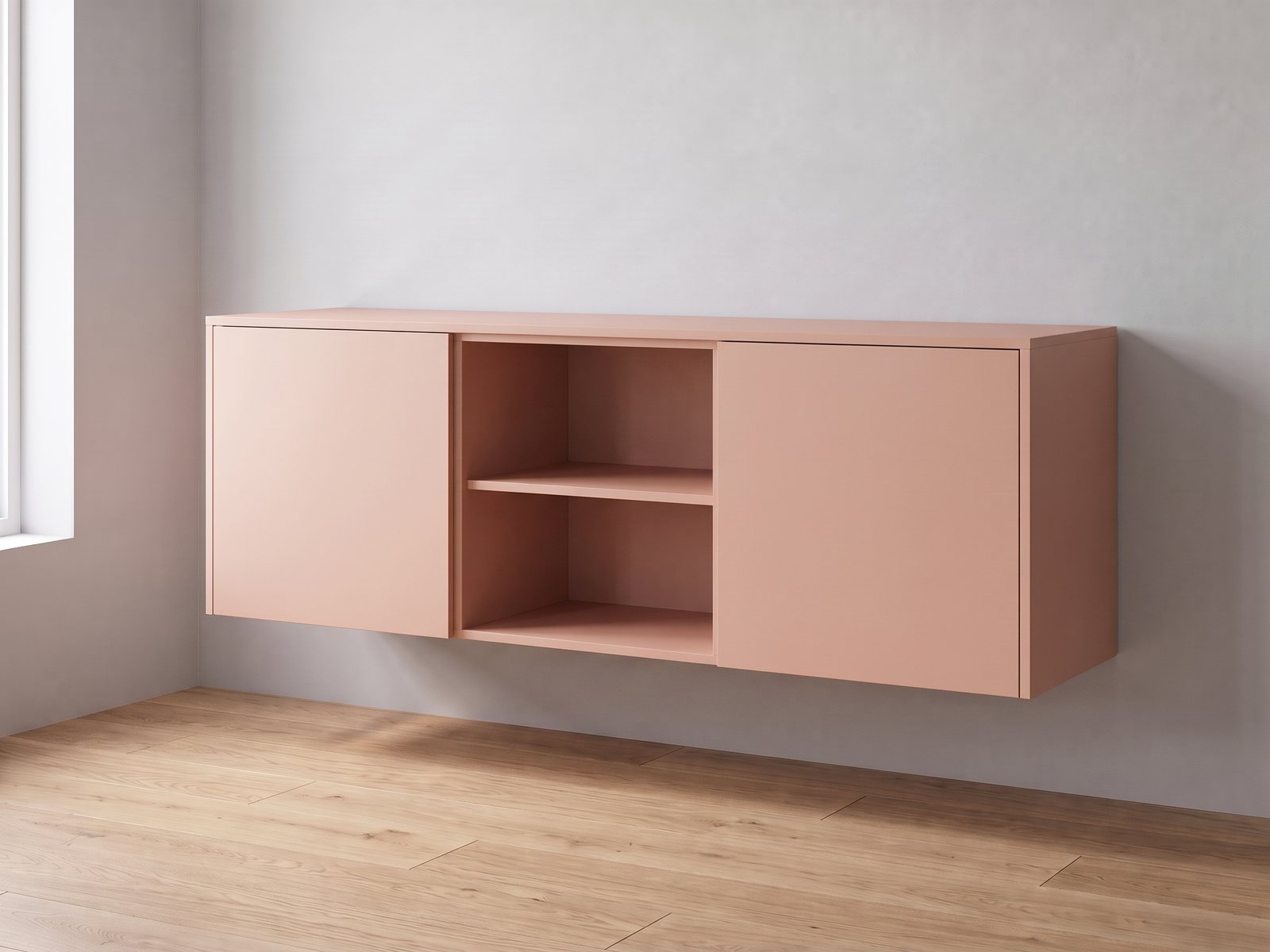 IKEA BESTÅ van twee elementen van 60 cm breed en 64 cm hoog met FrontLab-deuren, nis, bovenblad en zijpanelen in Peach Blush