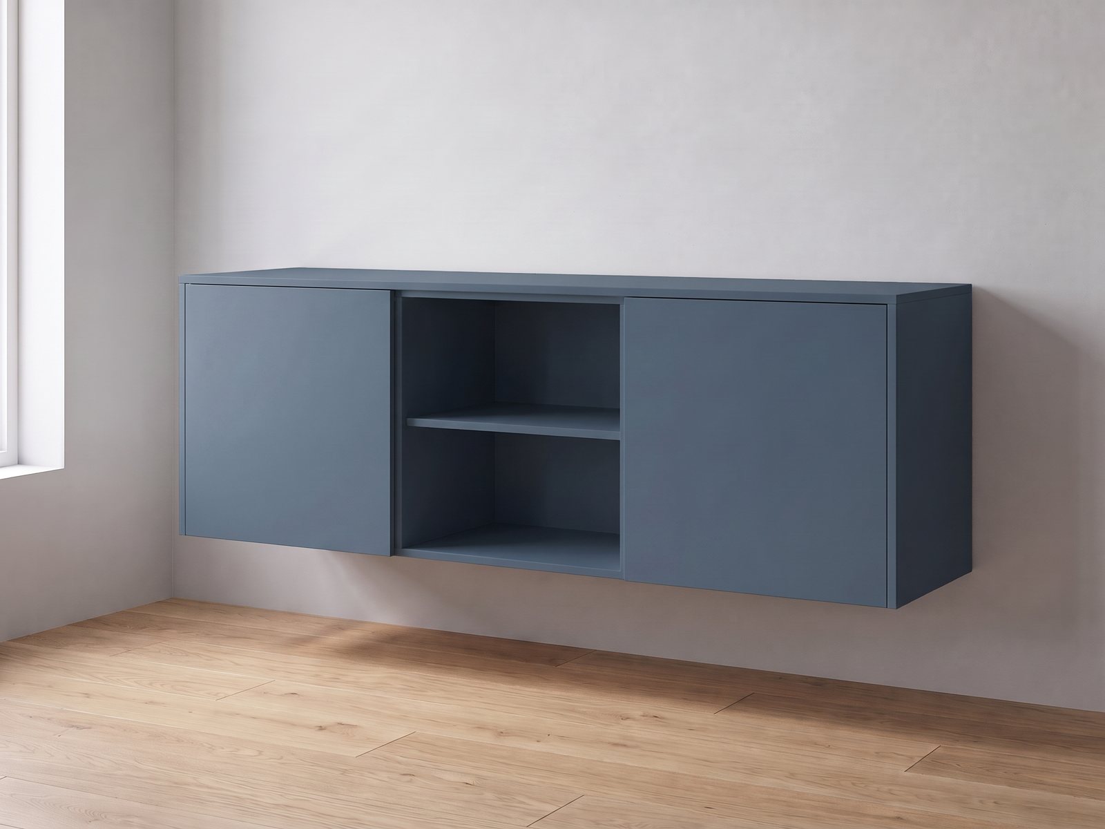 IKEA BESTÅ van twee elementen van 60 cm breed en 64 cm hoog met FrontLab-deuren, nis, bovenblad en zijpanelen in Glacier Blue