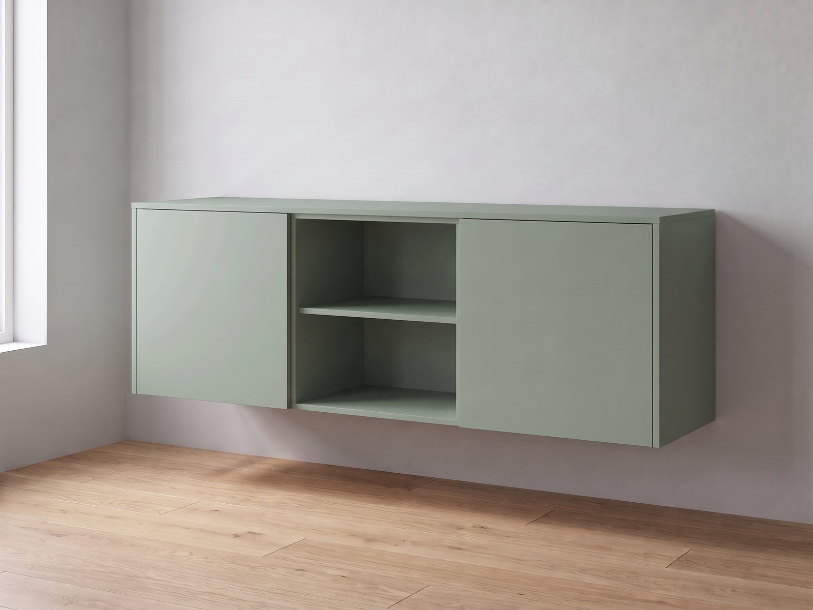 IKEA BESTÅ van twee elementen van 60 cm breed en 64 cm hoog met FrontLab-deuren, nis, bovenblad en zijpanelen in Sage Leaf