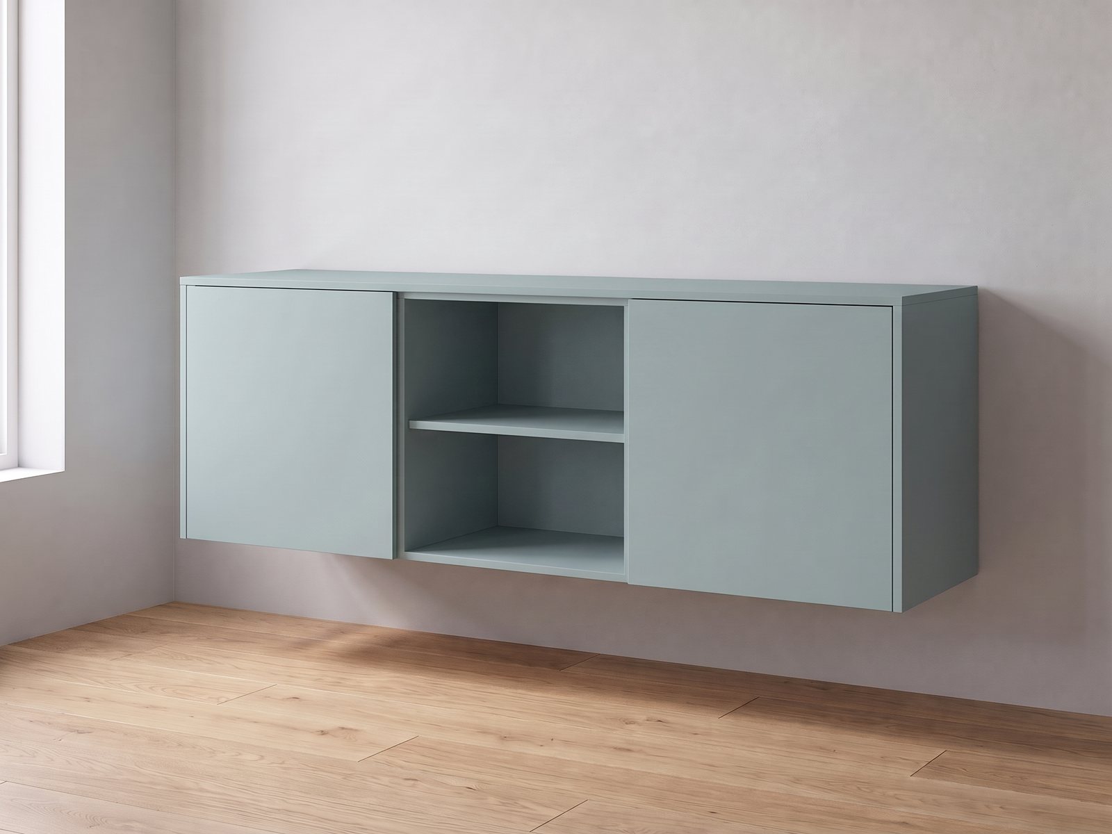 IKEA BESTÅ van twee elementen van 60 cm breed en 64 cm hoog met FrontLab-deuren, nis, bovenblad en zijpanelen in Fjord Mist