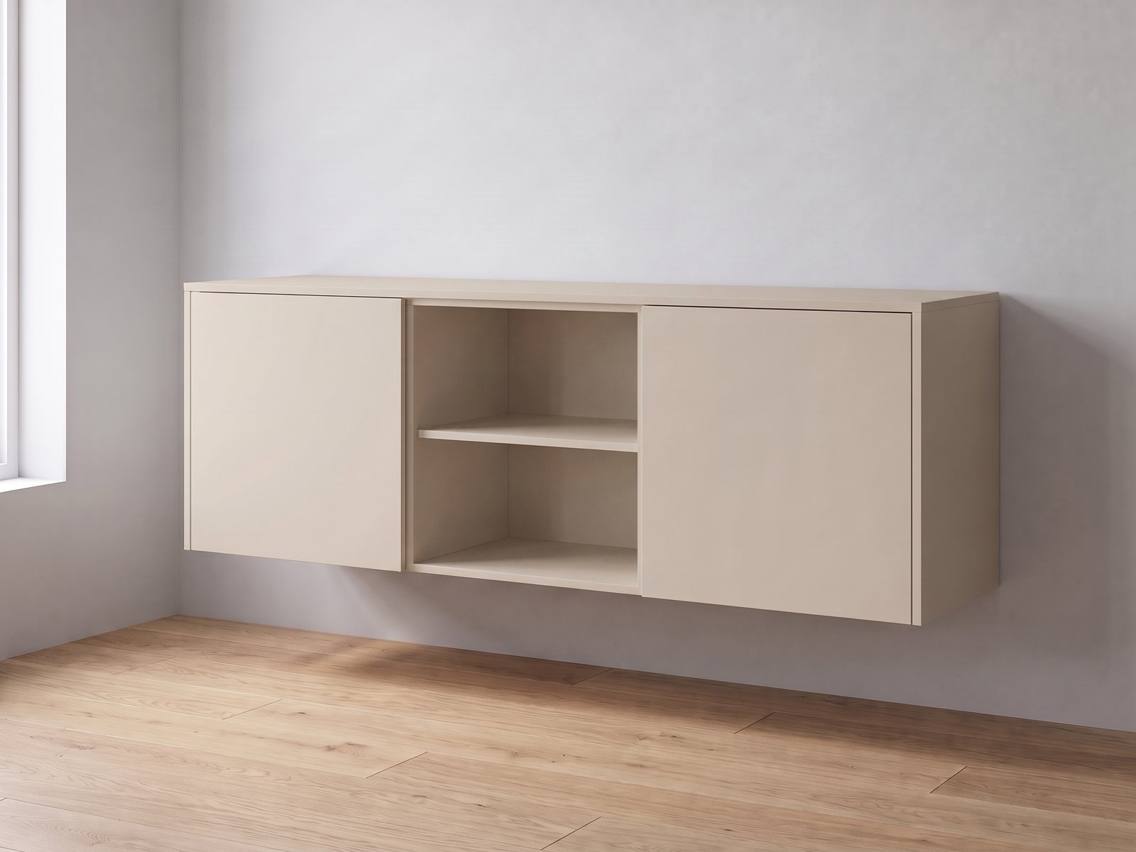 IKEA BESTÅ van twee elementen van 60 cm breed en 64 cm hoog met FrontLab-deuren, nis, bovenblad en zijpanelen in Cashmere Stone