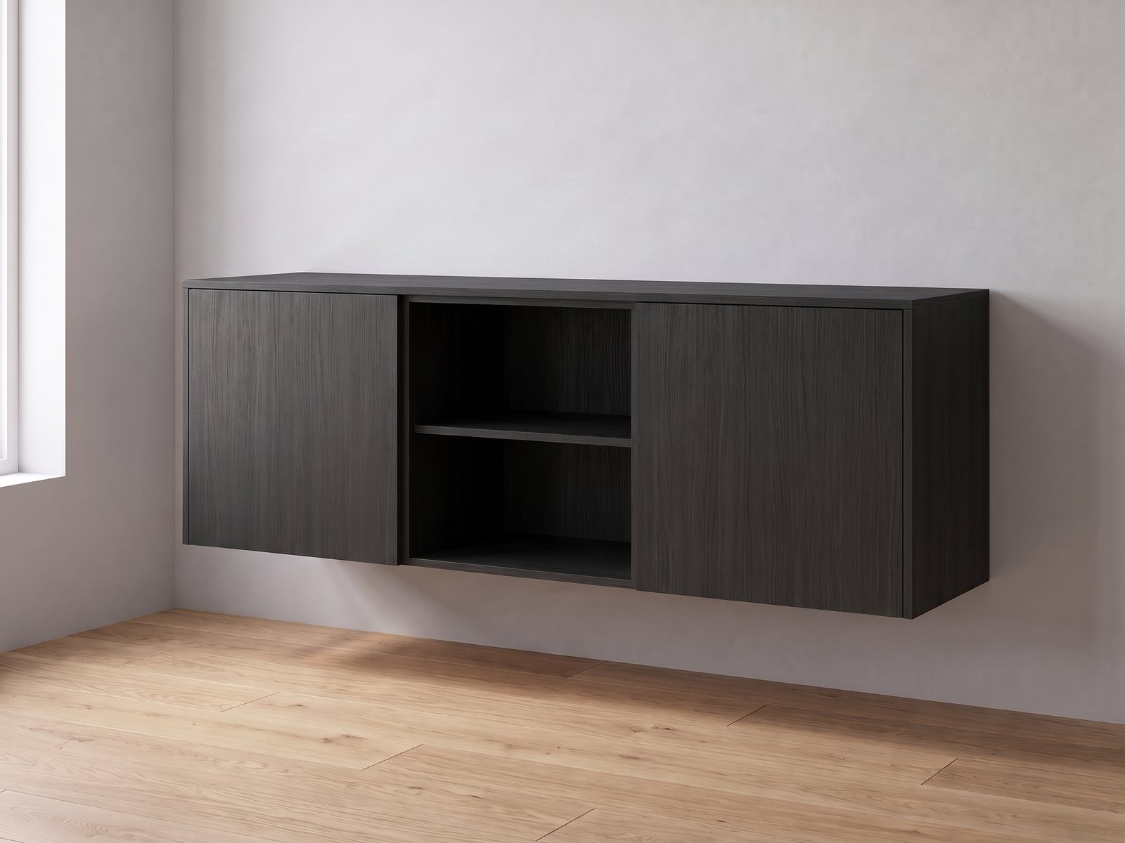 IKEA BESTÅ van twee elementen van 60 cm breed en 64 cm hoog met FrontLab-deuren, nis, bovenblad en zijpanelen in Midnight Oak