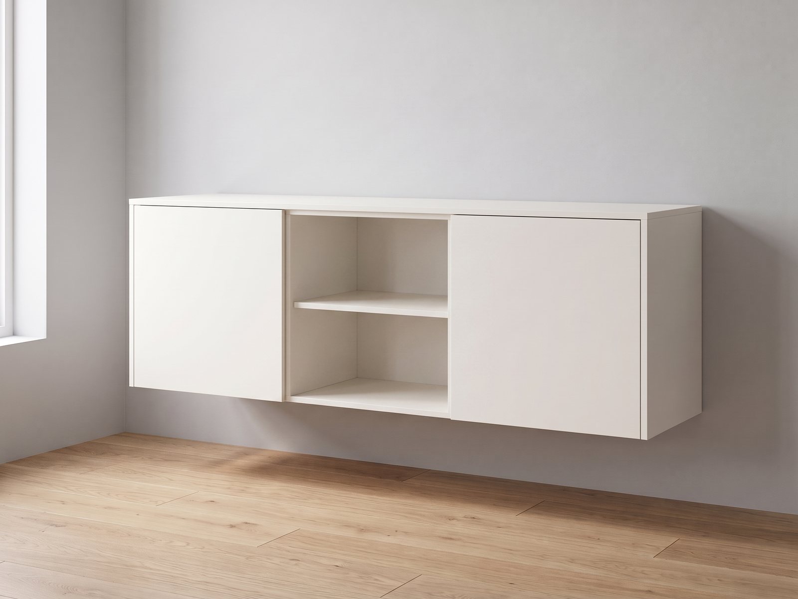 IKEA BESTÅ van twee elementen van 60 cm breed en 64 cm hoog met FrontLab-deuren, nis, bovenblad en zijpanelen in Chalk White