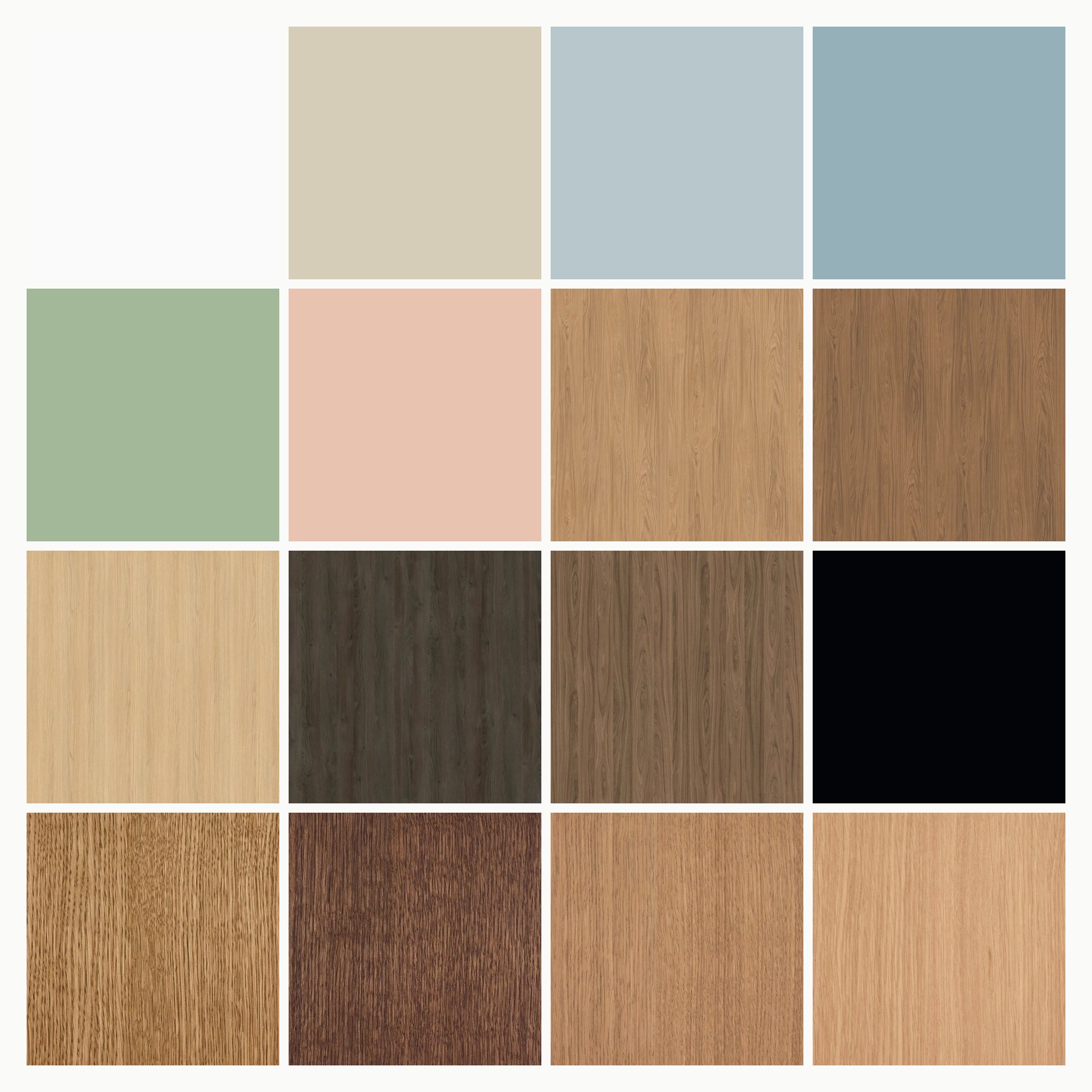 De 16 FrontLab-finishes uit de sample-box: 6 effen kleuren, 6 houtdecoren en 4 eiken-fineer finishes